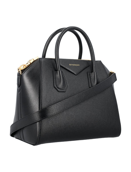 GIVENCHY Chic Antigona Small Black Leather Handbag with Golden Accents and Adjustable Strap