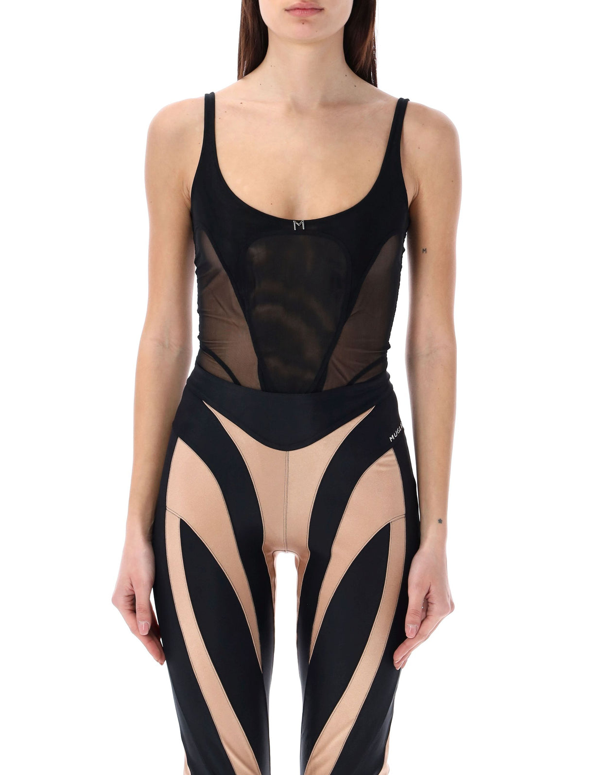 MUGLER Sleek Black Stretch Tulle Bodysuit for Women - SS24 Collection