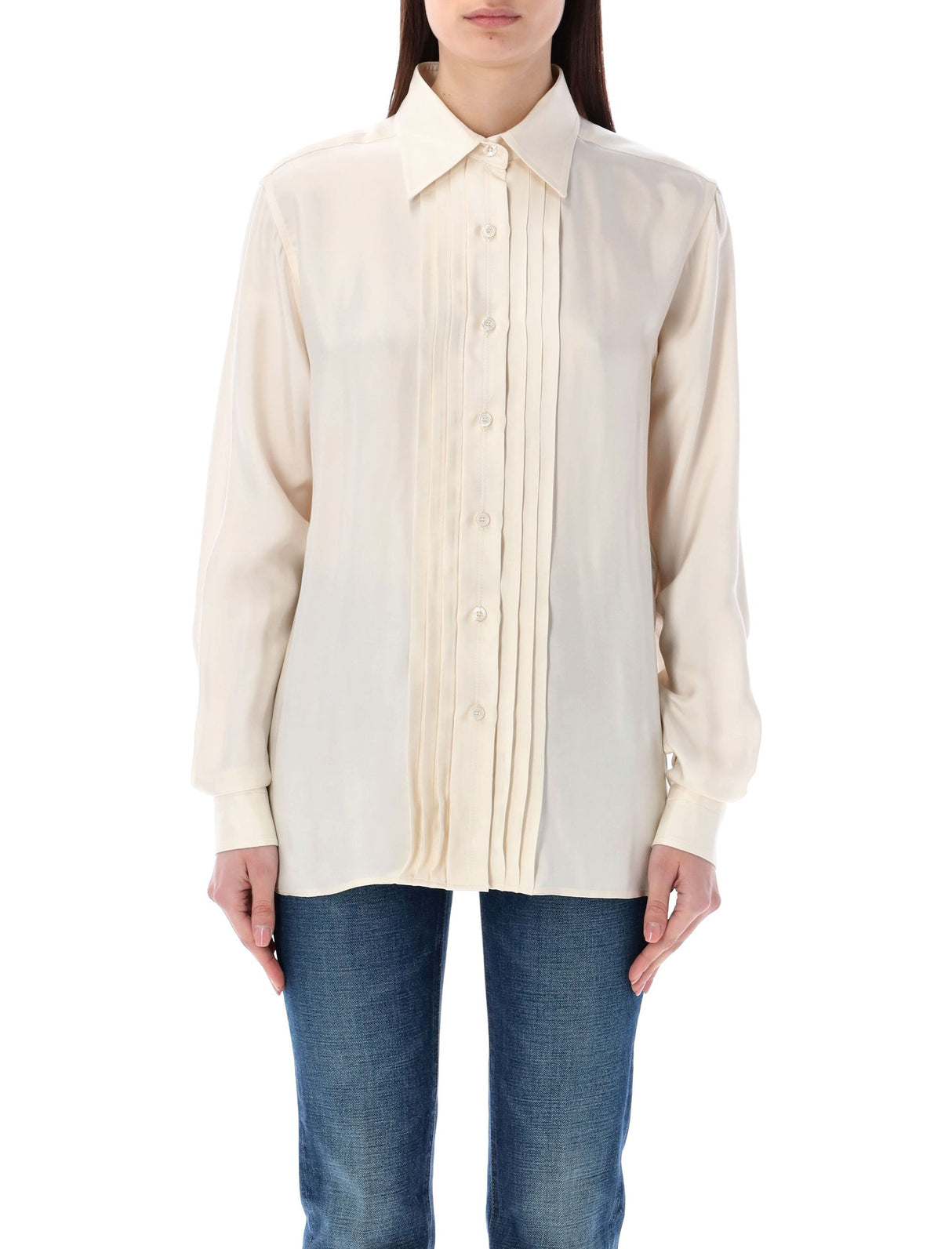 قميص حريري مائي بطبقة بليسيه للنساء - مجموعة ربيع وصيف 2024