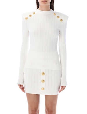 V-Neck Knit Sweater with Gold-Tone Buttons - White