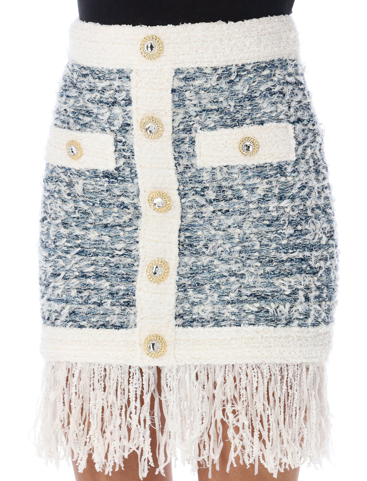 BALMAIN Fringed Denim Tweed Skirt for Women - SS24 Collection