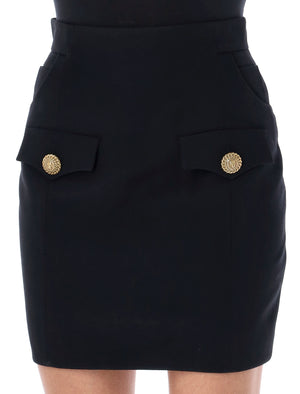 Black High Waist Mini Skirt with Flap Detail and Golden Button