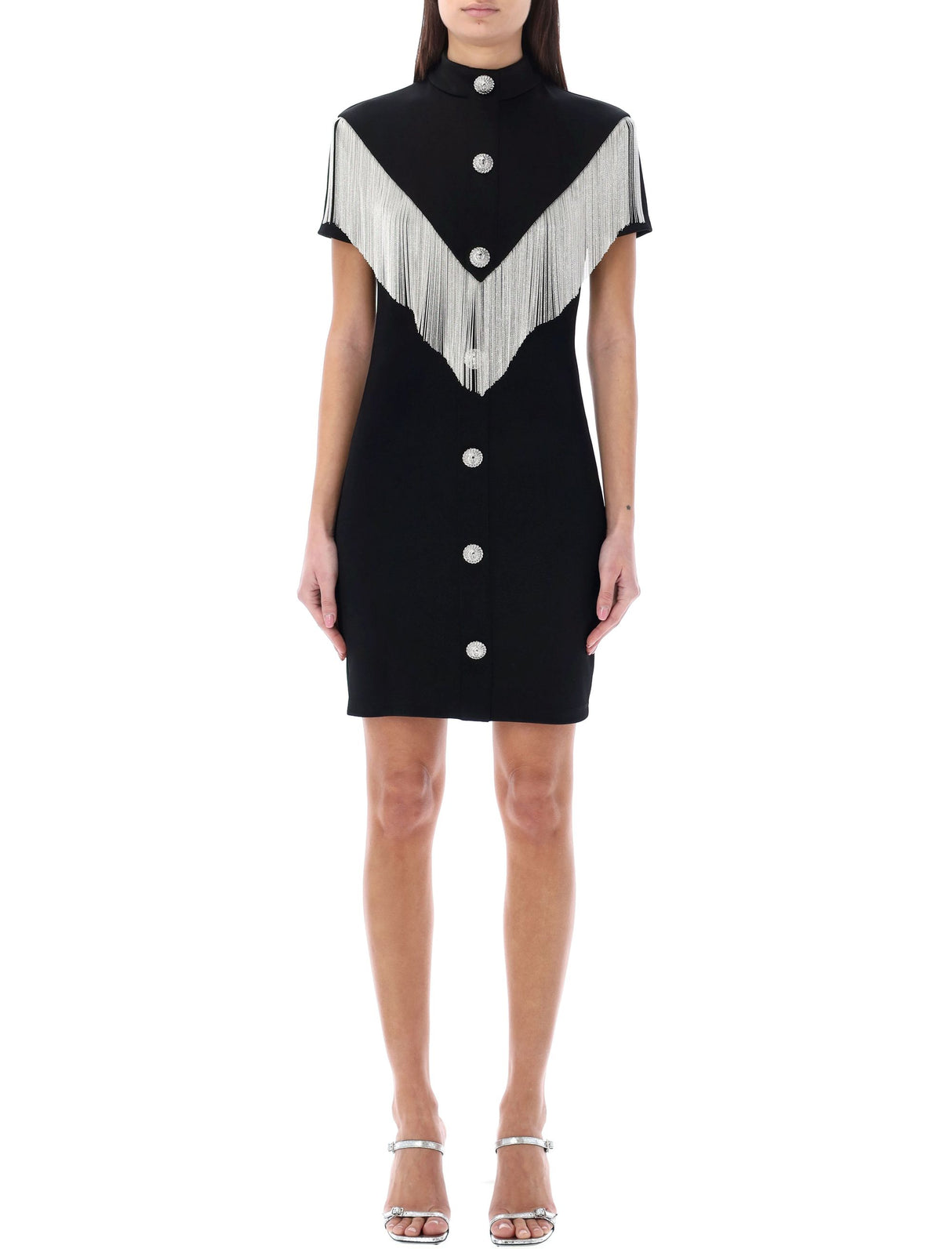 BALMAIN Black Metal Fringed Dress with High Neck and Western Cut-Out