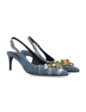 DOLCE & GABBANA Slingback Patchwork Denim with Gemstone Pumps for Women