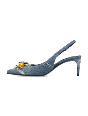 DOLCE & GABBANA Slingback Patchwork Denim with Gemstone Pumps for Women