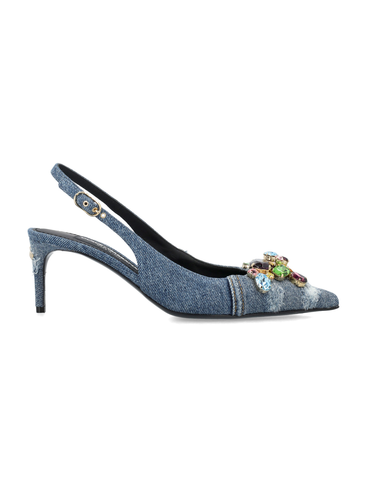 DOLCE & GABBANA Slingback Patchwork Denim with Gemstone Pumps for Women