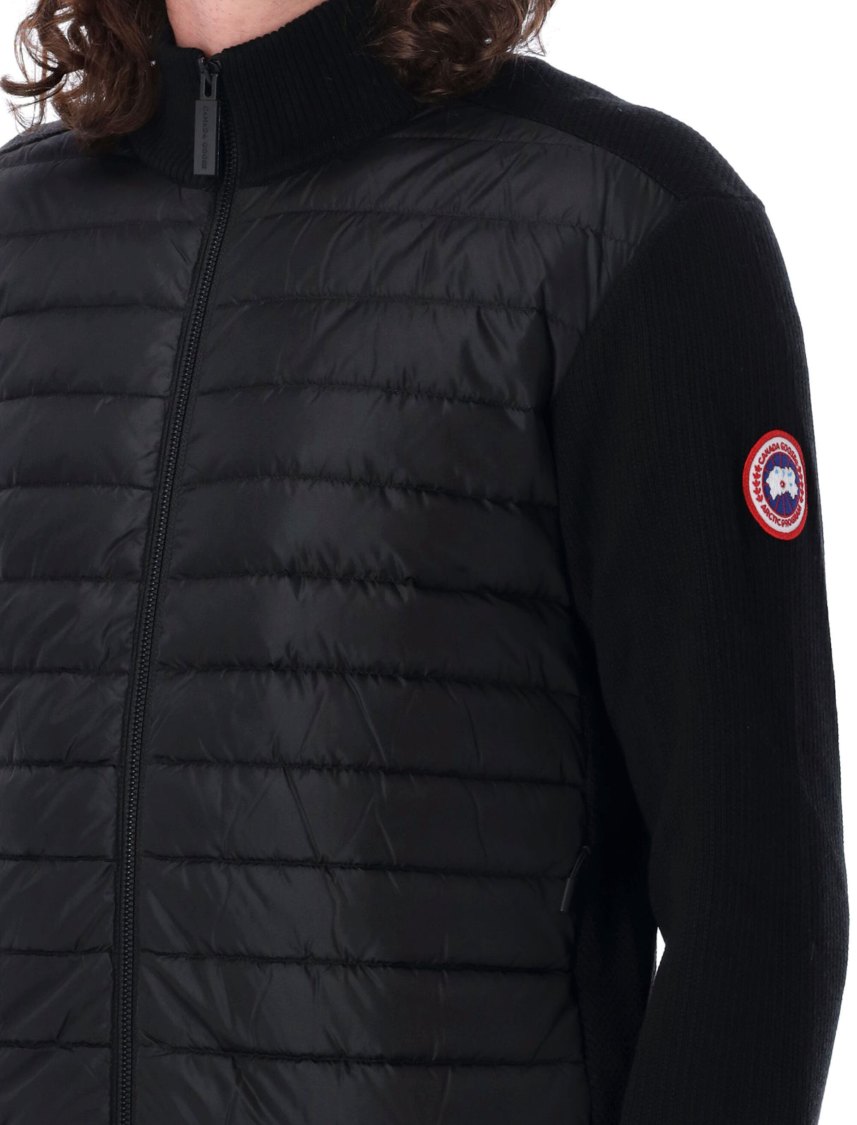 CANADA GOOSE Men's Black Knit Down Jacket with Quilted Front and Perforated Knit Sleeves