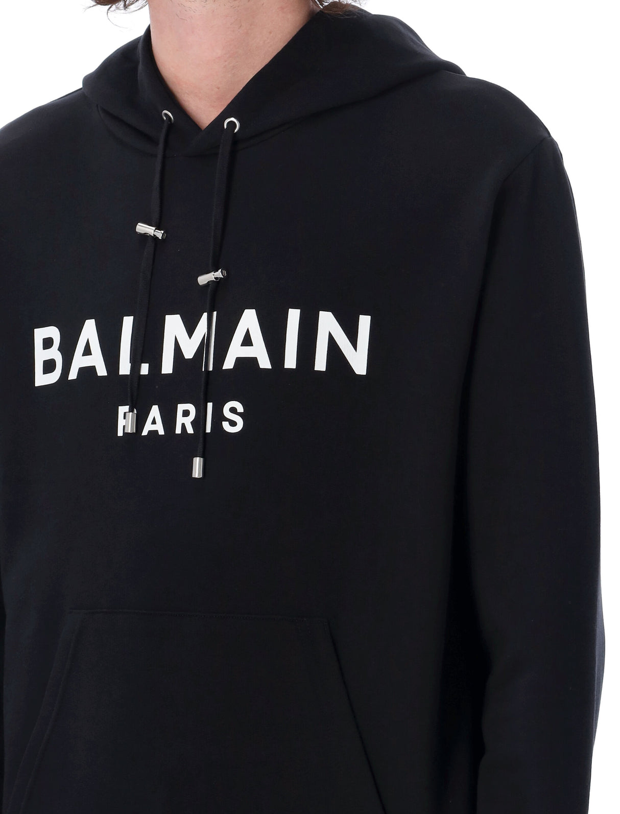 Men's Black Cotton Logo Hoodie with Balmain Paris Print