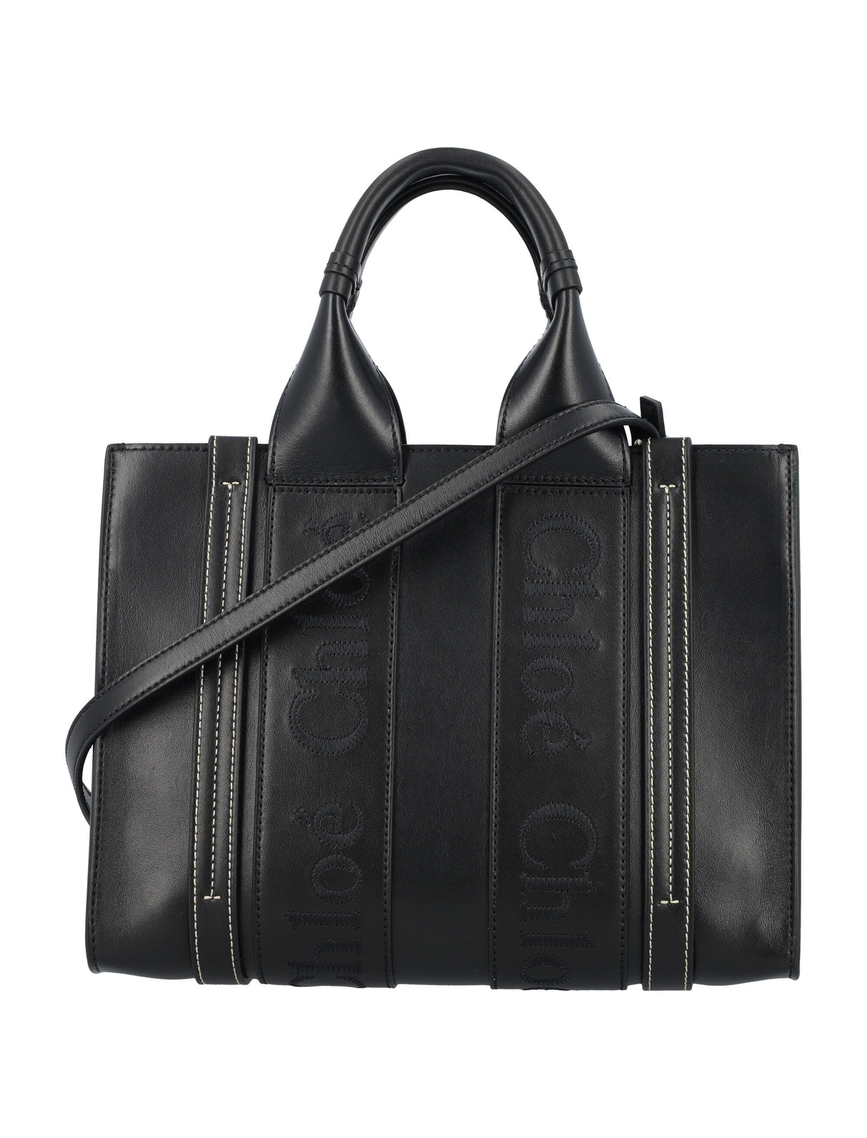 CHLOÉ Black Mini Woody Calfskin Leather Tote with Embroidered Logo and Removable Strap