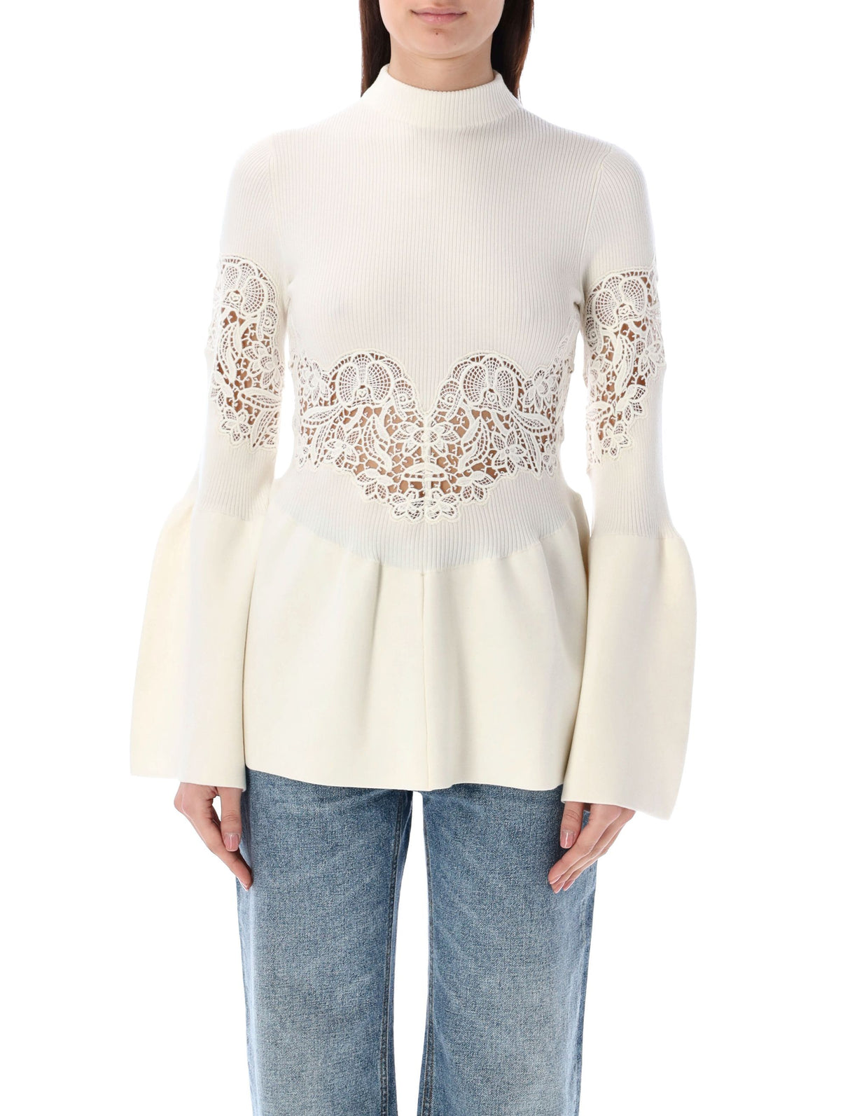 CHLOÉ White High-Neck Wool Jumper with Lace Inserts