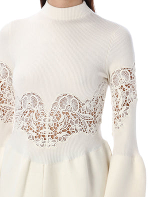 CHLOÉ White High-Neck Wool Jumper with Lace Inserts