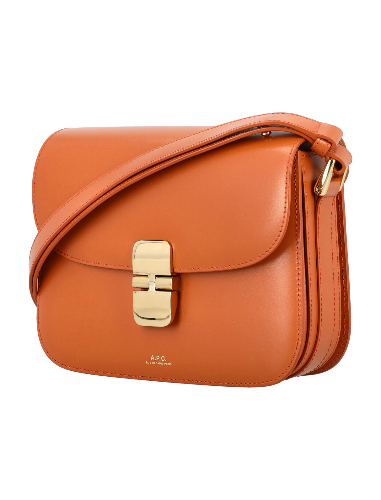 A.P.C. Grace Small Trapezoidal Leather Handbag with Goldtone Accents - Cinnamon Brown