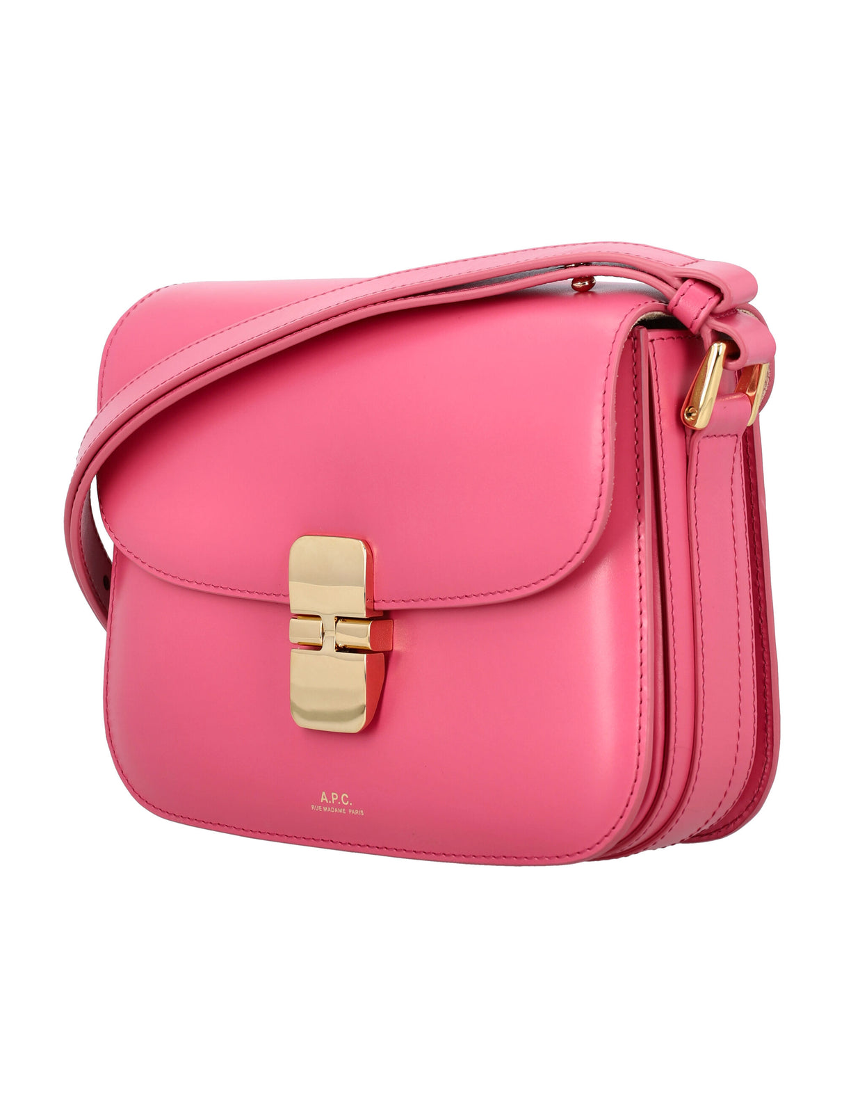 A.P.C. Elegant Fuchsia Rose Leather Mini Handbag with Goldtone Accents - Trapezoidal Crossbody with Foldover Clasp Closure