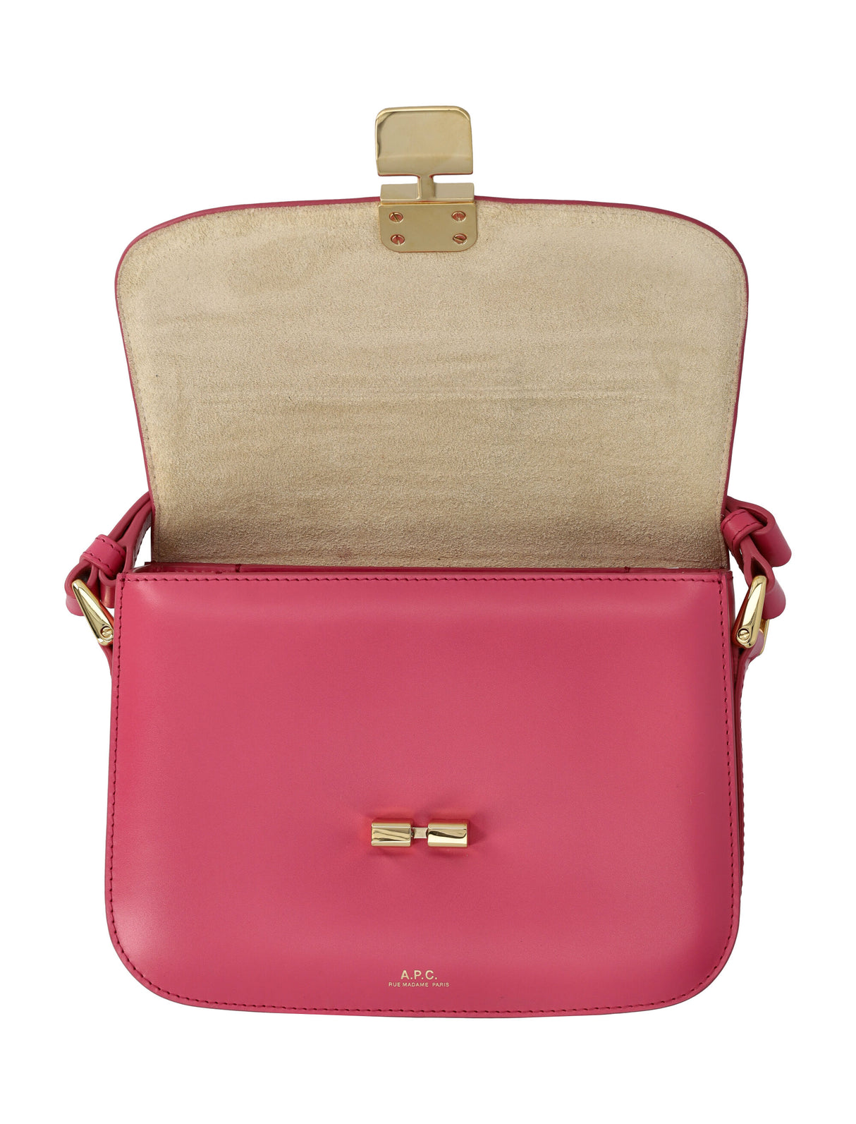 A.P.C. Elegant Fuchsia Rose Leather Mini Handbag with Goldtone Accents - Trapezoidal Crossbody with Foldover Clasp Closure