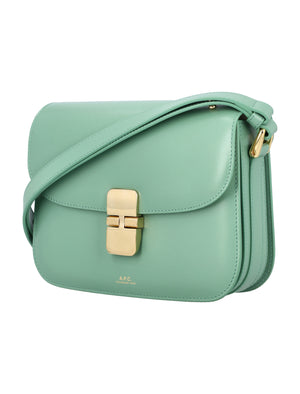 A.P.C. Chic Jade Green Leather Mini Handbag with Goldtone Details and Adjustable Strap