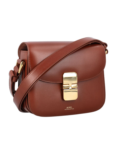 A.P.C. Grace Mini Brown Leather Crossbody Bag with Goldtone Accents, 14.5cm x 17.5cm x 4cm
