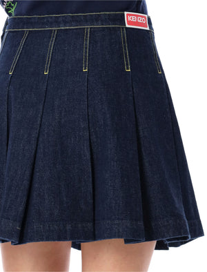 KENZO Pleated Mini Denim Skirt for Women - Dark Wash Cotton SS24