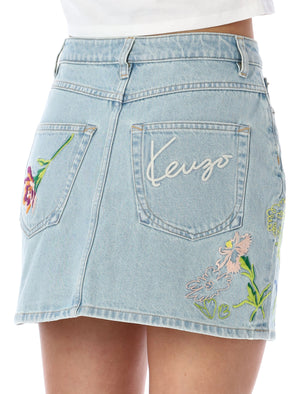 Floral Denim Mini Skirt for Women in Stone Washed Blue by Kenzo