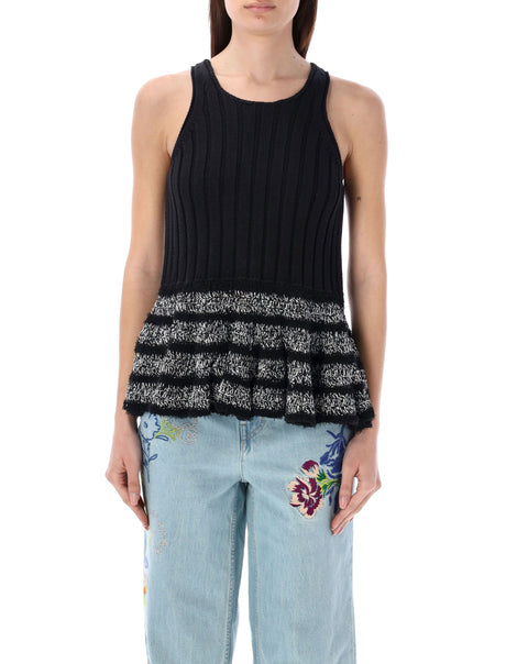 KENZO Crochet Tank Top for Women - Black Cotton Blend, Flounced Hem