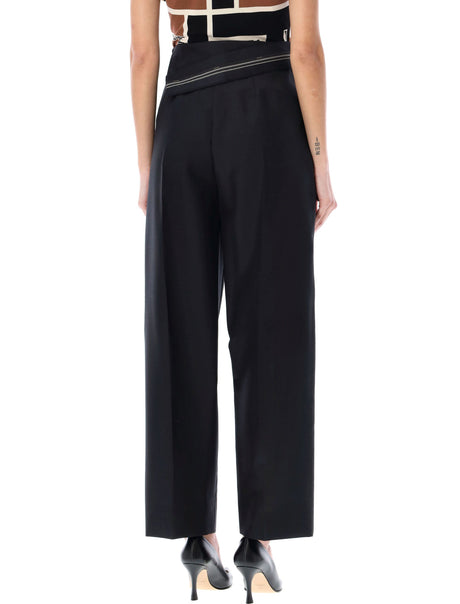 Tailored Mohair Blend Trousers for Women - High Waist Black Pants with Inside-Out Fendi Ribbon Detail