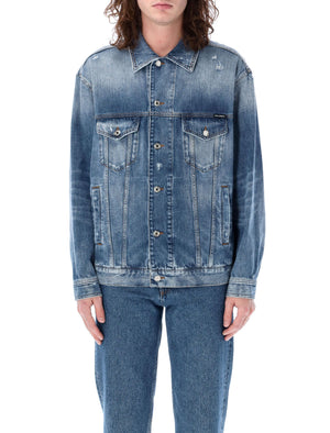 DOLCE & GABBANA Men's Blue Denim Jacket with Branded Buttons and Adjustable Details