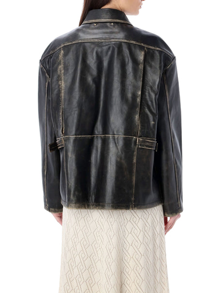 GOLDEN GOOSE Leonor Pocket Leather Jacket in Brown - Women's Box Fit SS24 Outerwear