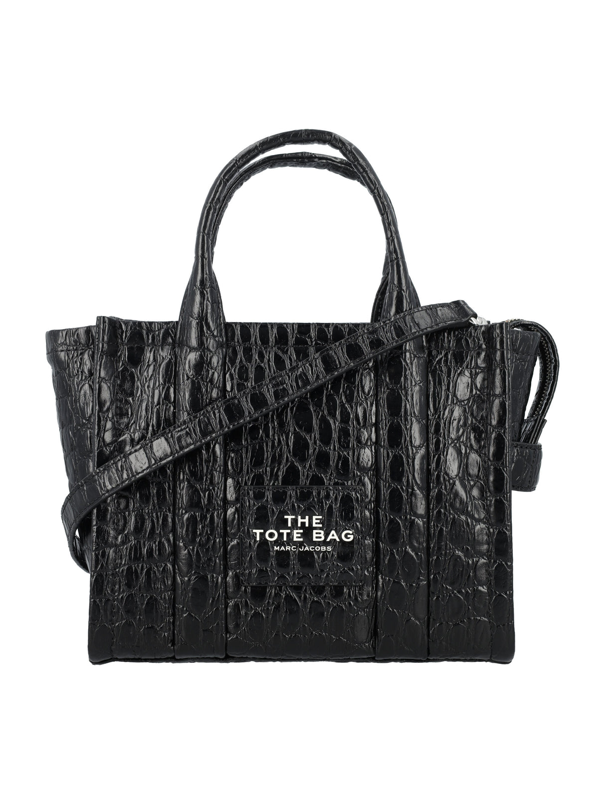MARC JACOBS Black Croc-Embossed Mini Tote Handbag with Adjustable Strap