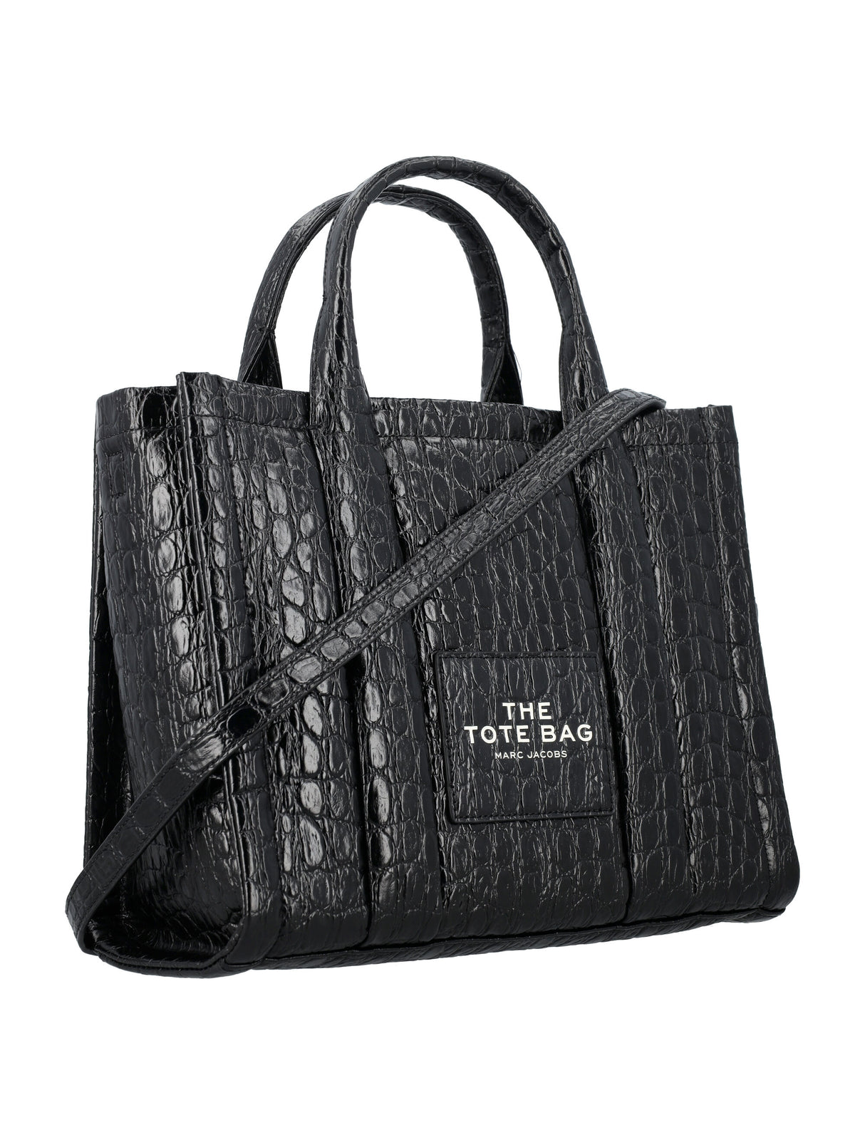 MARC JACOBS Glossy Black Croc-Embossed Leather Medium Tote with Adjustable Strap