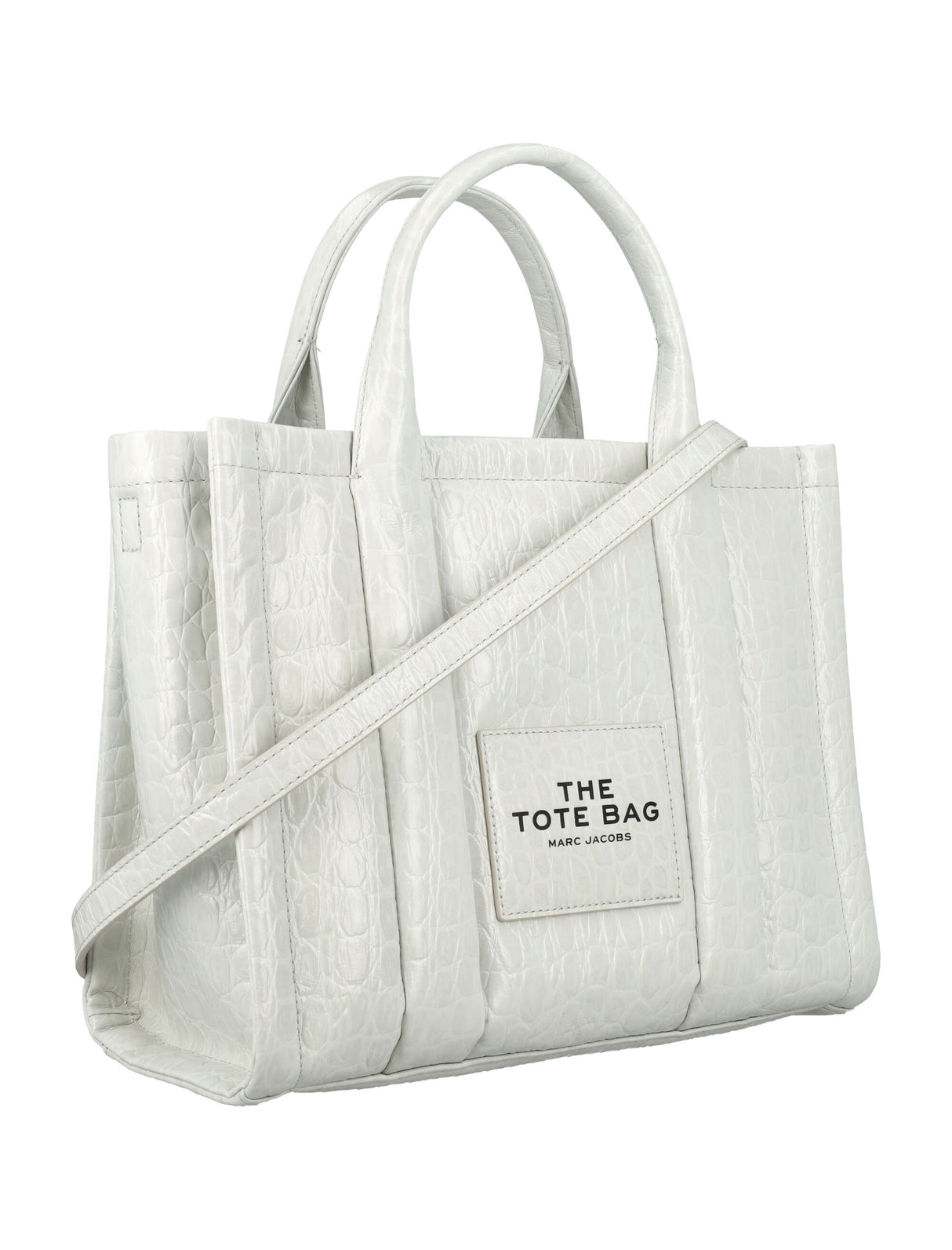 MARC JACOBS White Croc-Embossed Medium Leather Tote Handbag with Adjustable Strap