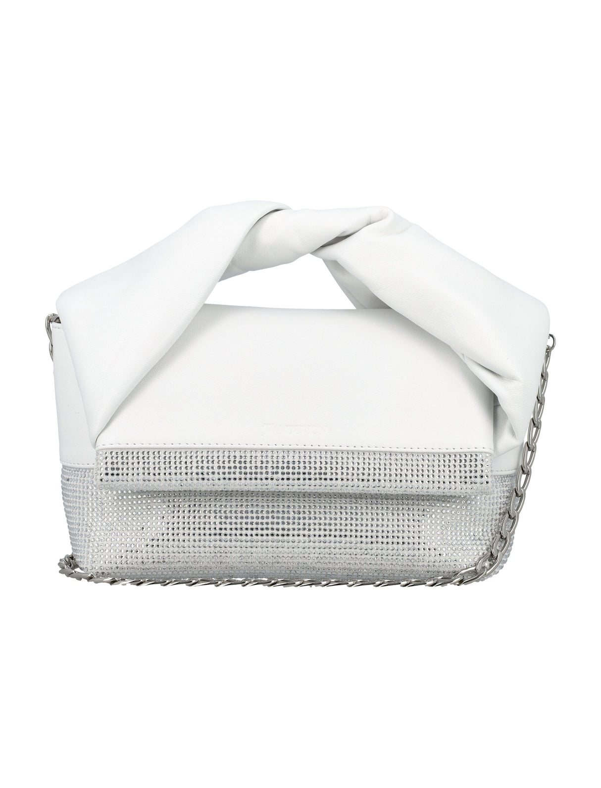 JW ANDERSON White Leather Medium Twister Handbag with Crystal Accents and Silver Chain Strap