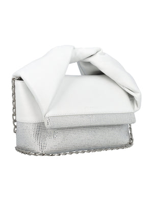 JW ANDERSON White Leather Medium Twister Handbag with Crystal Accents and Silver Chain Strap