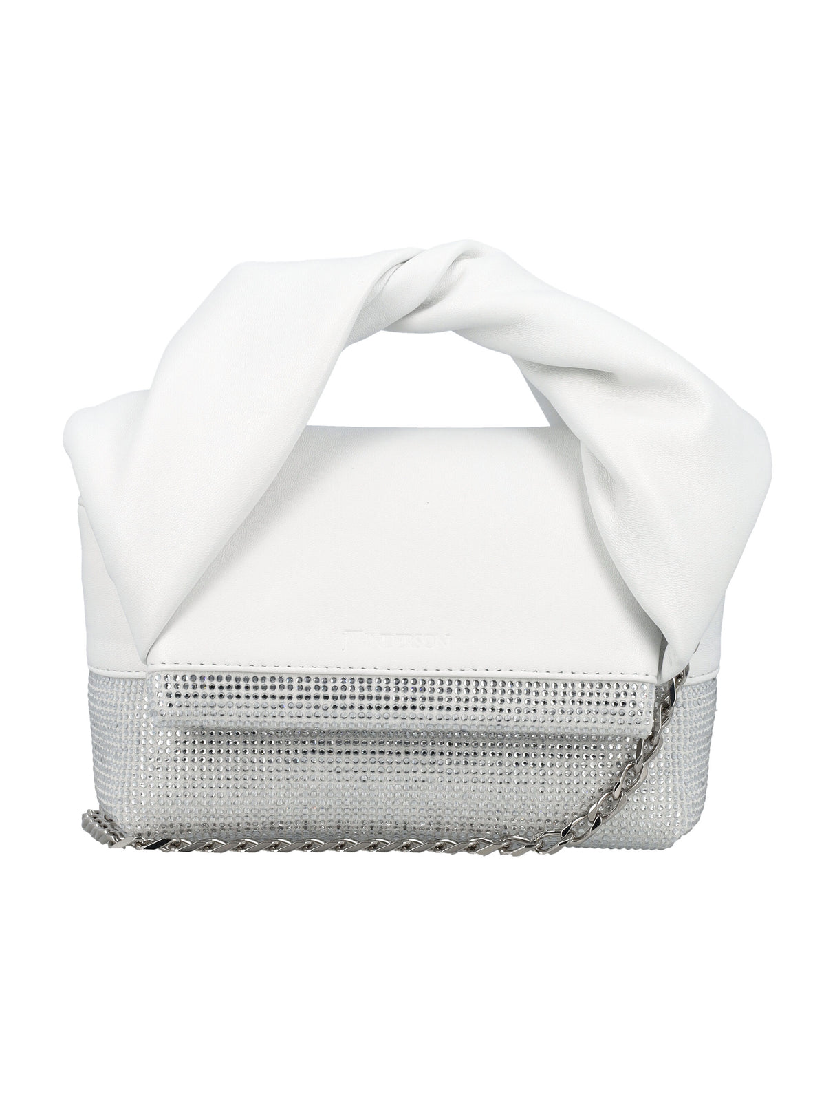 JW ANDERSON Mini Twister Crystal-Embellished Leather Handbag in White with Convertible Chain Strap