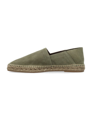 Square Toe Leather Espadrilles for Men in Olive and Ecru Colors