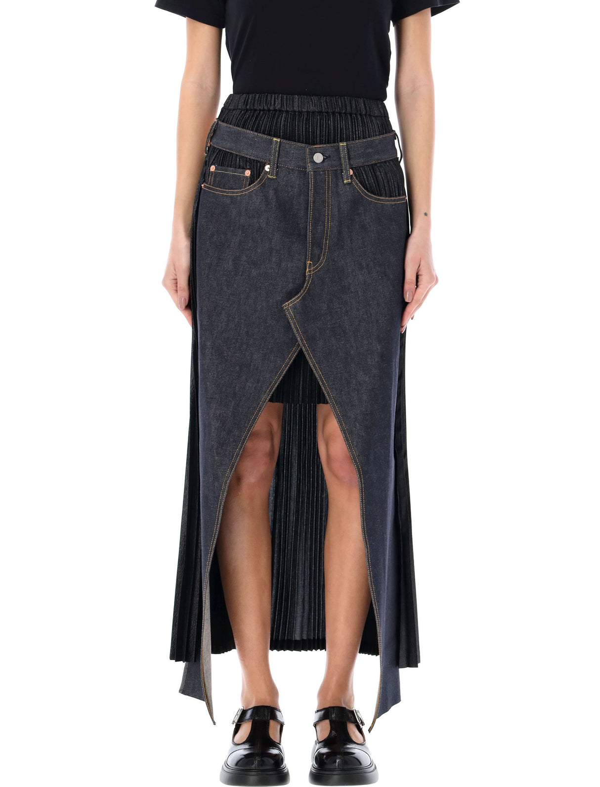 JUNYA WATANABE Deconstructed Pleated Denim Skirt in Indigo and Black