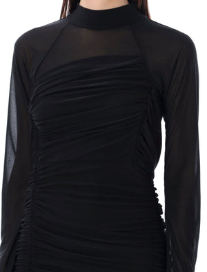 HELMUT LANG Flowy Draped Mini Dress with High Neck and Long Sleeves