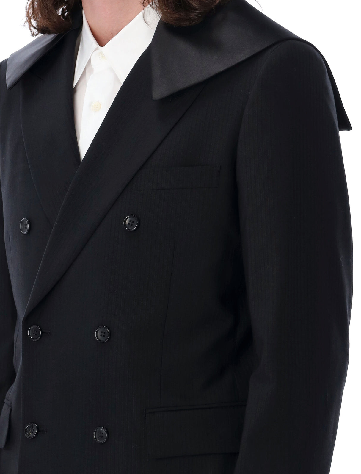 Men's Double-Breasted Wool Blazer with Shiny Satin Collar