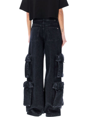 بنطال جينز كارجو واسع للنساء - متوسط الارتفاع، ساق واسعة، جيوب كارجو