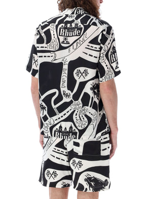 RHUDE Men's Silk Strada Shirt: Allover Graphic Black Print, Classic Bowling Collar
