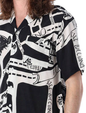 RHUDE Men's Silk Strada Shirt: Allover Graphic Black Print, Classic Bowling Collar