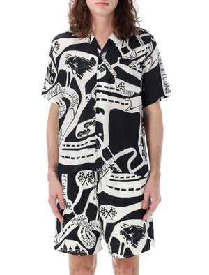 Men's Graphic Print Bowling Shirt - Black Silk Strada