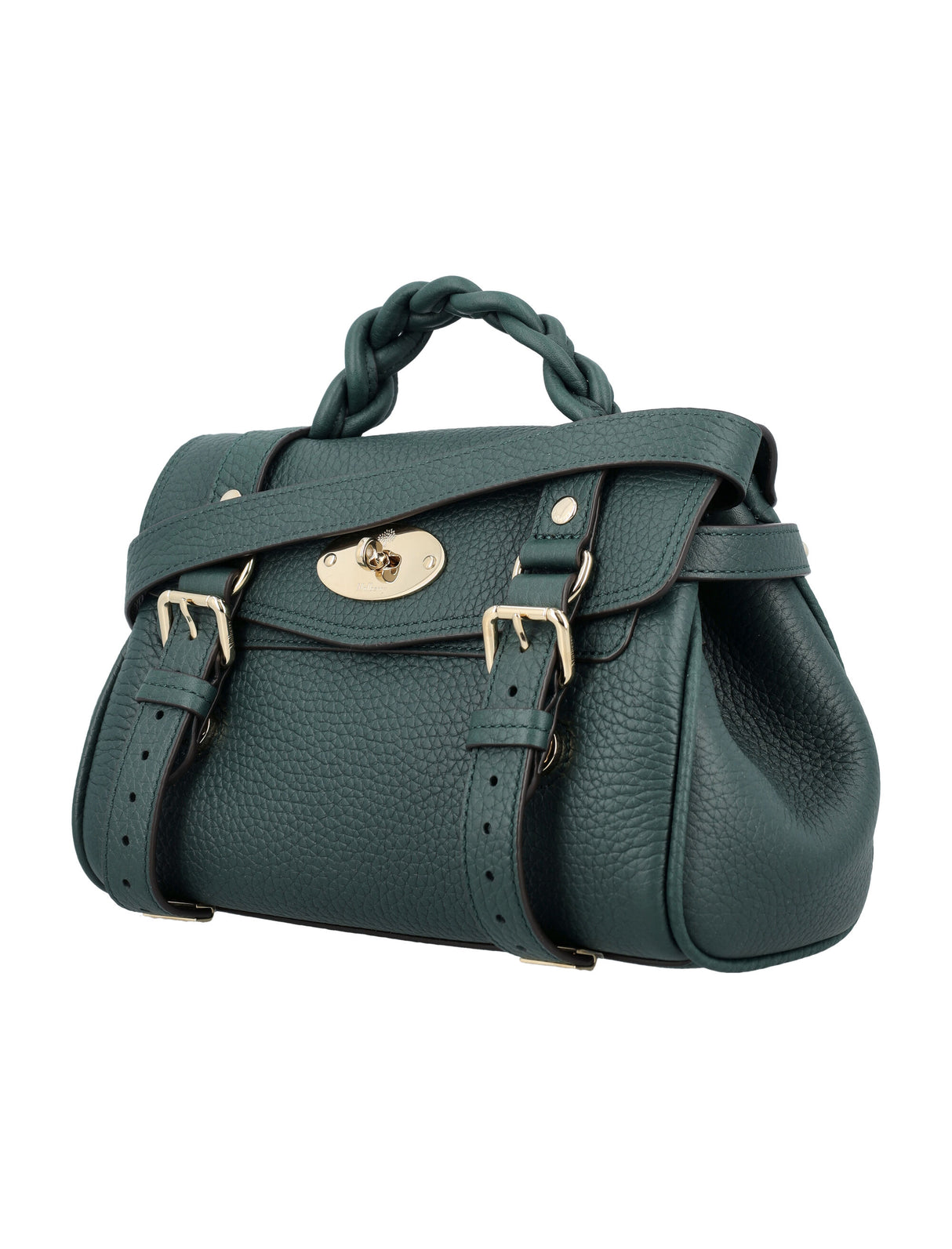 Mulberry Mulberry Green Leather Mini Shoulder Handbag with Postman's Lock Closure and Braided Top Handle