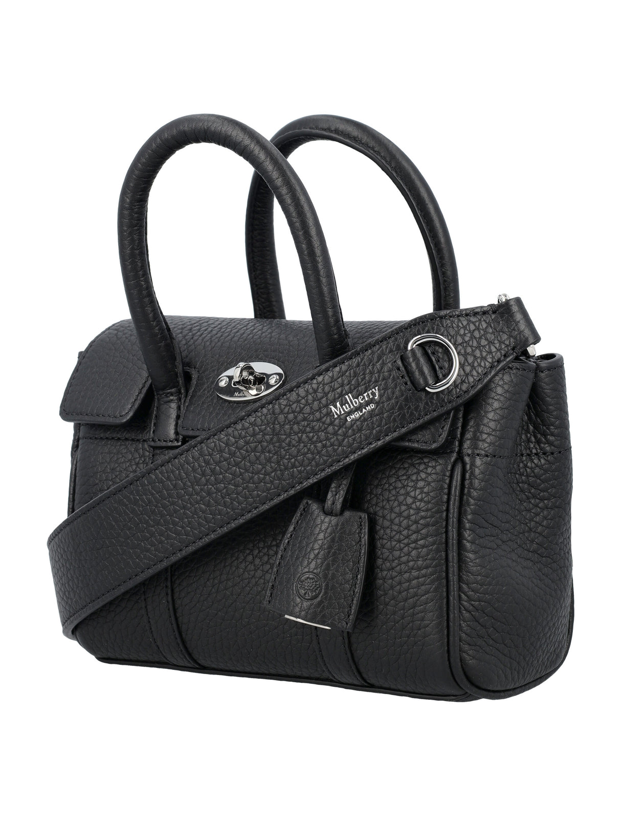 MULBERRY Mini Bayswater Black Leather Handbag with Silver-Tone Accents, 18.5 x 12.5 x 8 cm