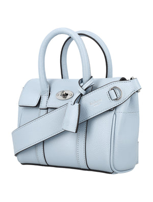 MULBERRY Mini Bayswater Poplin Blue Leather Handbag with Silver-Tone Accents - 18.5 x 12.5 x 8 cm