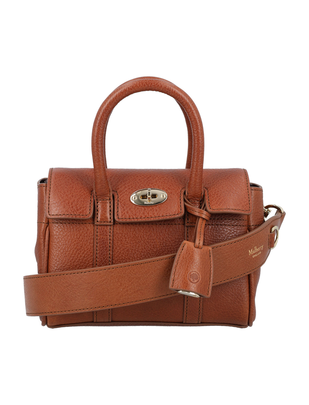 حقيبة يد ميني بايسووتر من الجلد بلون بني مع حزام كتف وتفاصيل ذهبية - 18.5 سم عرض x 12.5 سم ارتفاع x 8 سم عمق