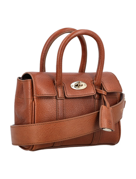 MULBERRY Mini Bayswater Leather Handbag with Shoulder Strap and Gold Accents, Brown - 18.5cm W x 12.5cm H x 8cm D