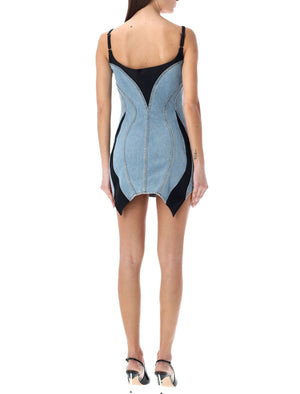 MUGLER Denim Corset Dress with Adjustable Straps and Asymmetric Hemline