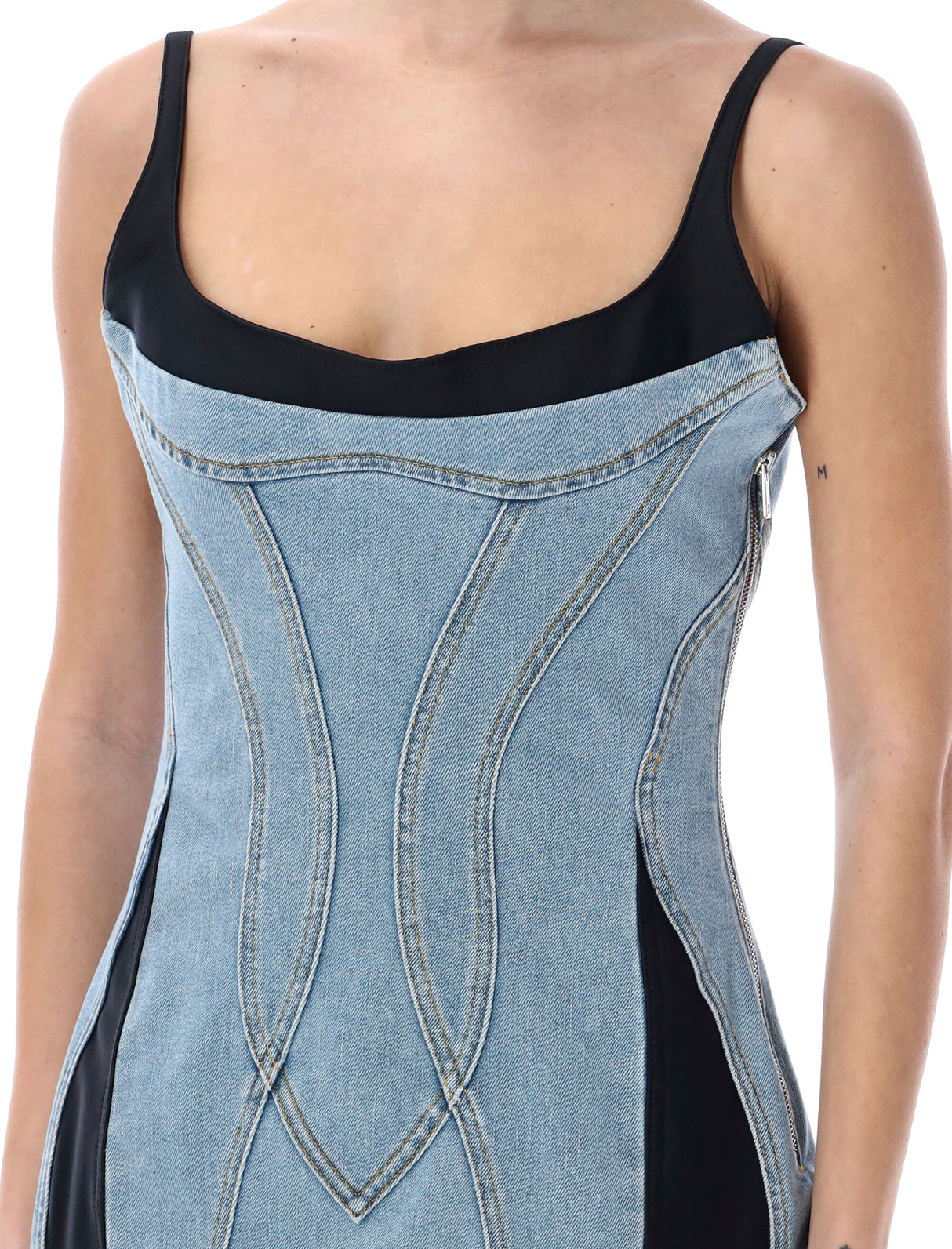 MUGLER Denim Corset Dress with Adjustable Straps and Asymmetric Hemline