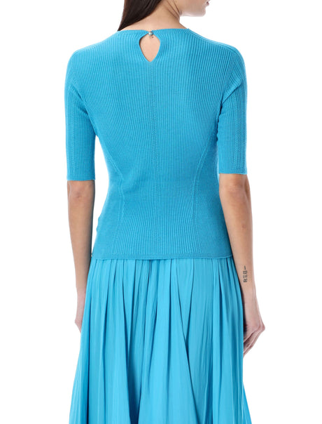 女士原创纯羊毛、羊绒和丝绸混纺短袖毛衣（粉蓝色），由顶级设计师打造