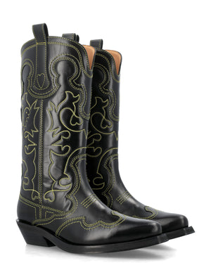 Mid Shaft Embroidered Western Boots - Leather, Pointed Toe, Cuban Heel