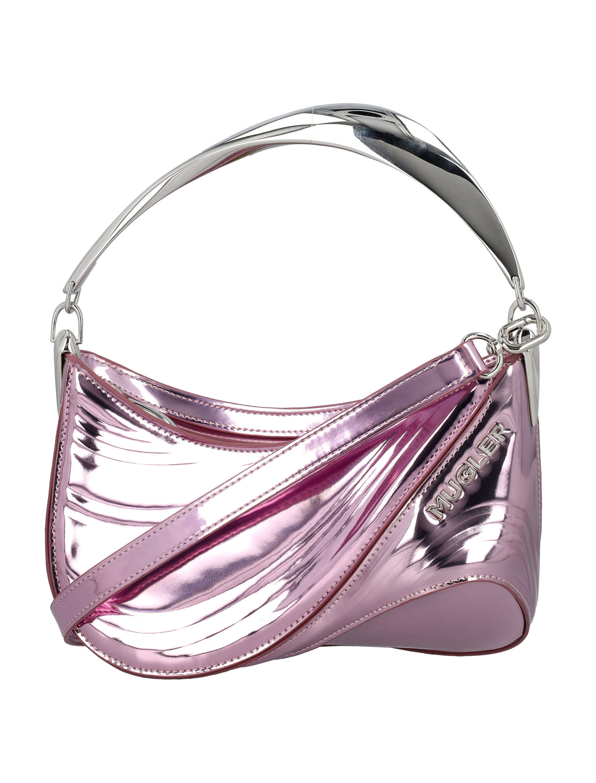 MUGLER Metallic Pink Mini Curve Shoulder Bag with Silver Handle, 18x23x9 cm